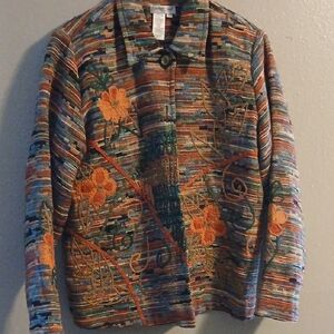 Coldwater Creek Multicolored Woven Jacket with Orange Floral Embroidery